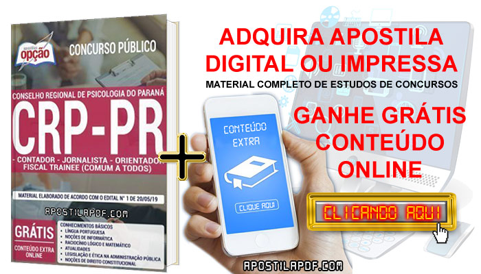 Apostila CRP PR 2019 PDF e Impressa Contador, Jornalista e Orientador Fiscal Trainee Conteúdo Online Gratis