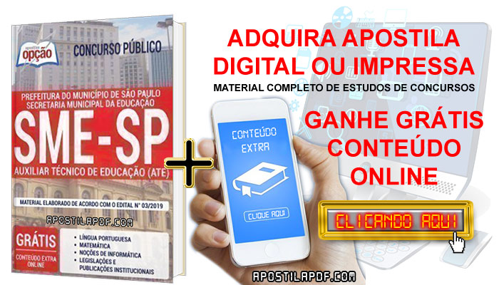 Apostila Concurso SME SP 2019 PDF e Impressa Auxiliar Técnico de Educação Conteúdo Online Grátis