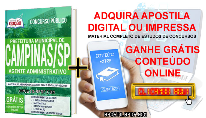 Apostila Concurso Prefeitura de Campinas 2019 PDF e Impressa Agente Administrativo Cursos Online Completos