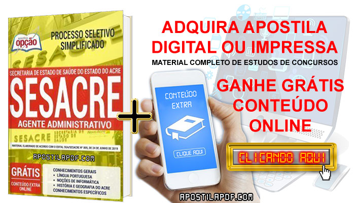 Apostila Concurso SESACRE 2019 PDF e Impressa Agente Administrativo Cursos Online Completos